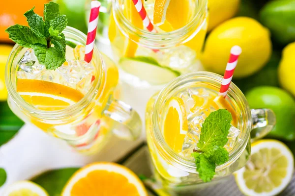 Water with fresh citrus fruits and ice — Stock Photo, Image