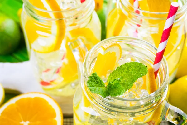 Water with fresh citrus fruits and ice — Stock Photo, Image