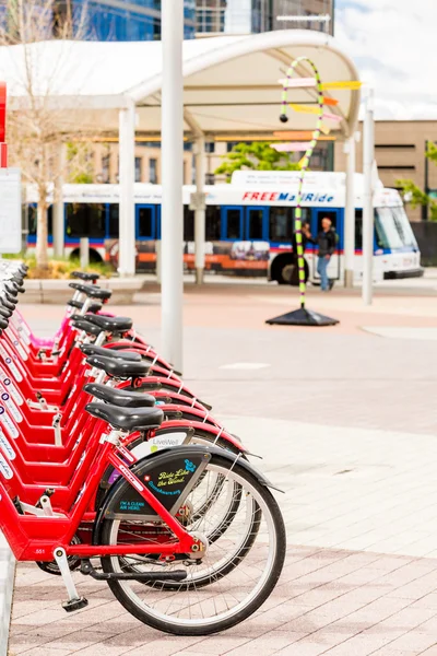 Fila de bicicletas de aluguer vermelho — Fotografia de Stock