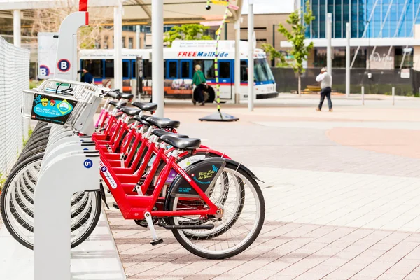 Ряд красных велосипедов напрокат — стоковое фото
