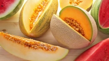 Variety of organic melons sliced