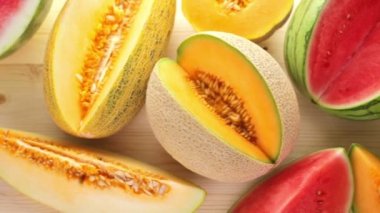 Variety of organic melons sliced