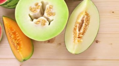 Variety of organic melons sliced