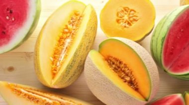 Variety of organic melons sliced