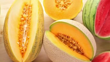 Variety of organic melons sliced