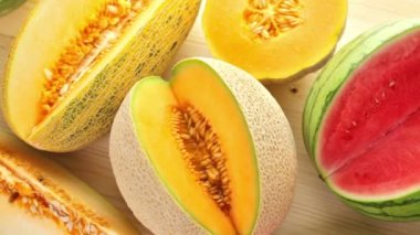 Variety of organic melons sliced