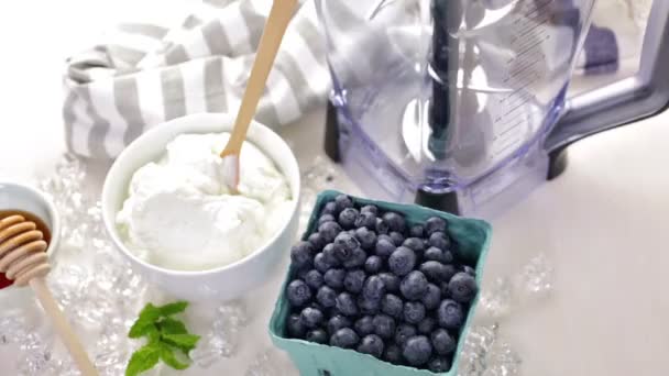 Ingredients for smoothie with plain yogurt and berries — Stockvideo