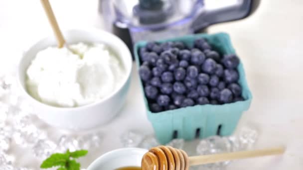 Ingredients for smoothie with plain yogurt and berries — Stockvideo