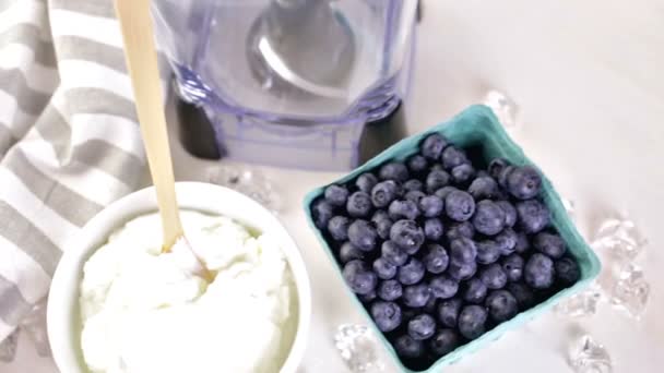 Ingredients for smoothie with plain yogurt and berries — Stockvideo
