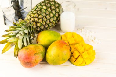 ingredients for smoothie with tropical fruits.
