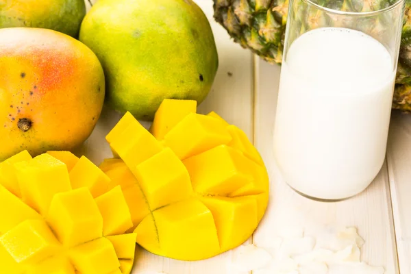 Ingredients for smoothie with tropical fruits. — ストック写真