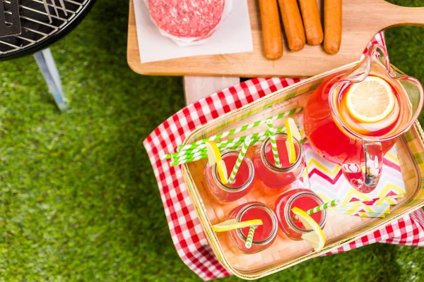 Sommerpicknick mit kleinem Holzkohlegrill und Hotdogs — Stockfoto