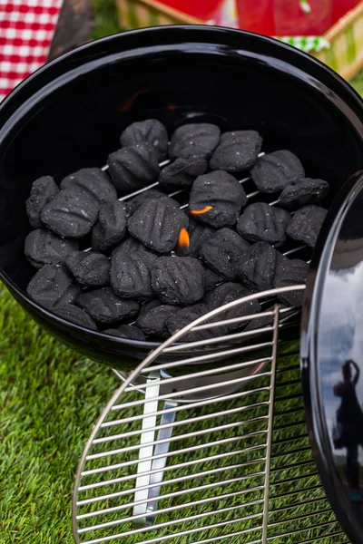 Zomerpicknick met kleine houtskool grill — Stockfoto
