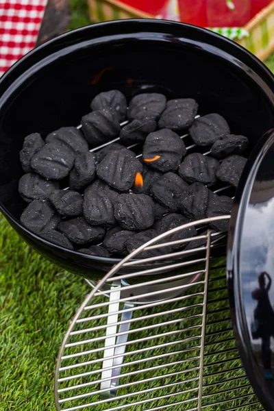 Sommar picknick med liten kolgrill — Stockfoto