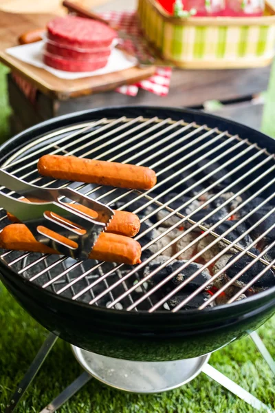 Picnic estivo con piccola griglia a carbone — Foto Stock