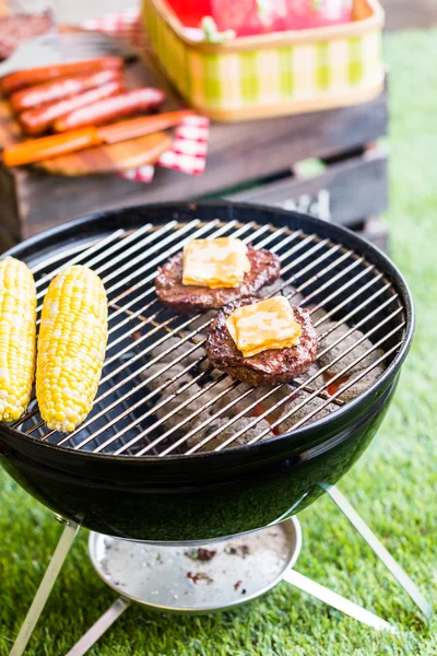 Picnic estivo con piccola griglia a carbone — Foto Stock