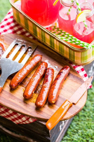 Summer picnic, hot dogs, lemonade and  hamburger patties — Stock Photo, Image