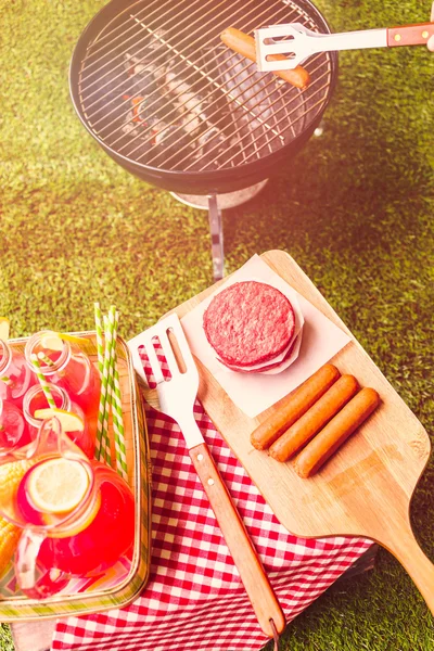 Picnic estivo con piccola griglia a carbone — Foto Stock