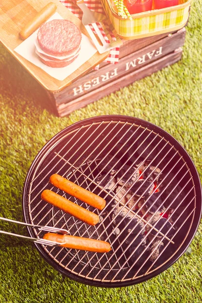 Summer picnic with small charcoal grill — Stock Photo, Image