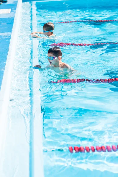 Niños nadan se encuentran en piscina al aire libre — Foto de Stock