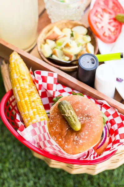 Petit pique-nique d'été avec limonade et hamburger — Photo