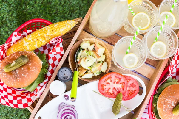 레모네이드와 햄버거와 함께 작은 여름 피크닉 — 스톡 사진
