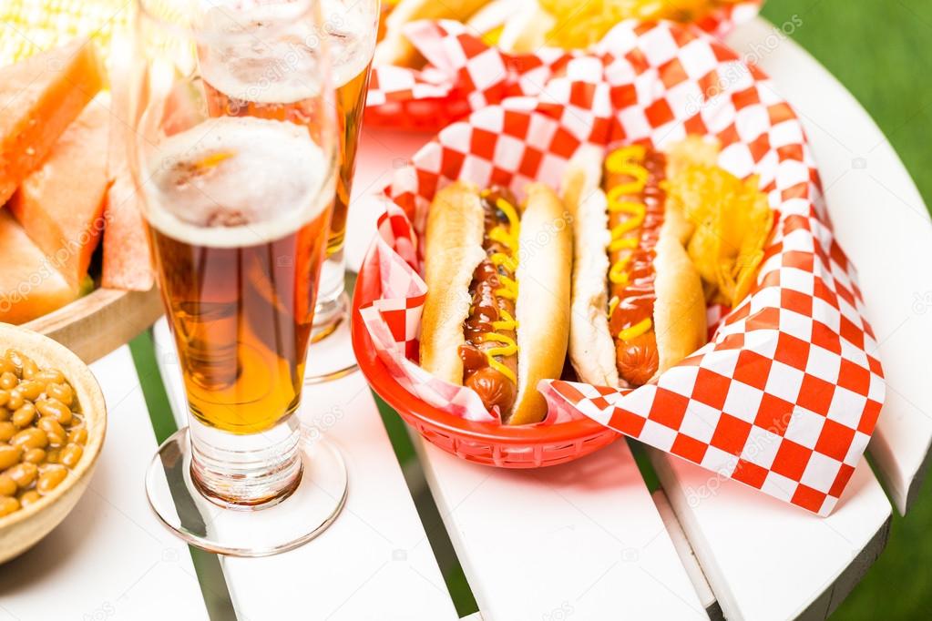 Grilled hot dogs with mustard and ketchup