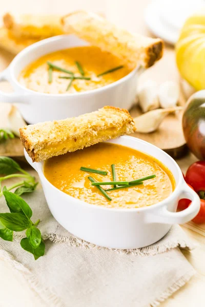 Geröstete Tomatensuppe mit Bio-Tomaten gekocht — Stockfoto