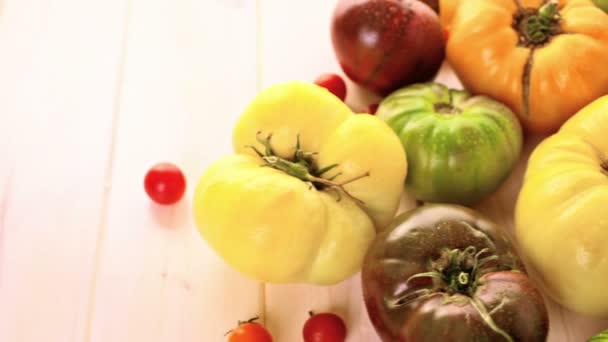 Tomates de la reliquia recién recogidos — Vídeo de stock