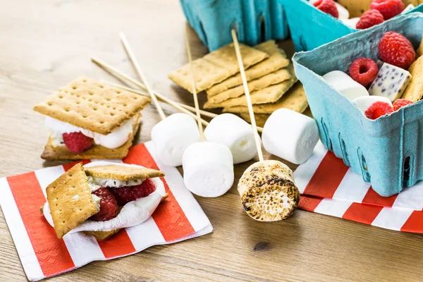 Smores met witte chocolade en verse frambozen. — Stockfoto