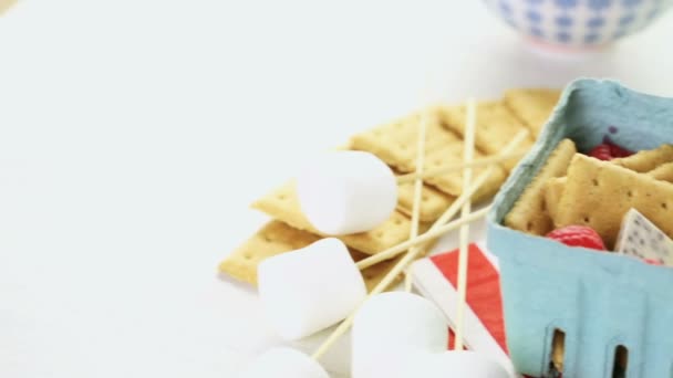 Smores with fresh raspberries. — Stock Video