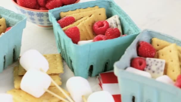 Smores with fresh raspberries. — Stock Video