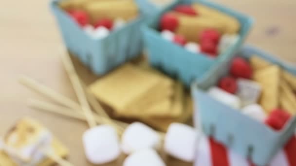 Smores with fresh raspberries. — Stock Video