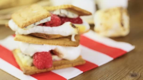 Smores with fresh raspberries. — Stock Video