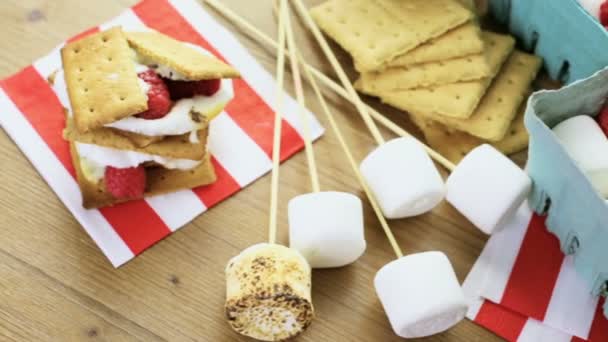 Smores met verse frambozen. — Stockvideo