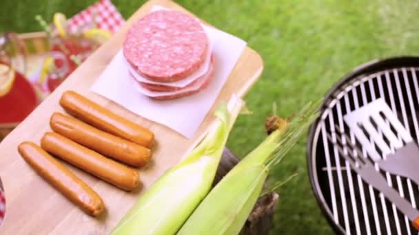 Picnic with lemonade and hamburger patties — Stock Video