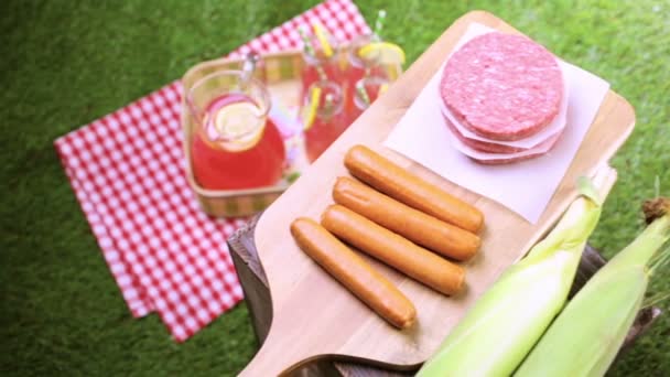 Picknick mit Limonade und Hamburgerpastete — Stockvideo