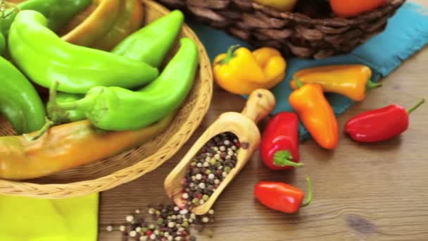 Organic peppers on the table — Stock Video