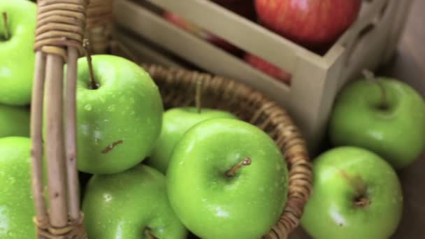 Свежесобранные органические яблоки — стоковое видео