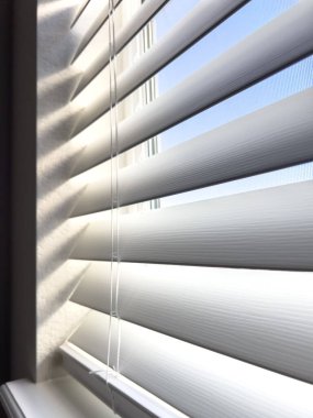 Beyaz yatay jaluziler kısmen açık. Böylece güneş ışığı içeri doğru akar. Işık, kör levhalar ve pencere çerçevesi boyunca çizgili desenler oluşturuyor..