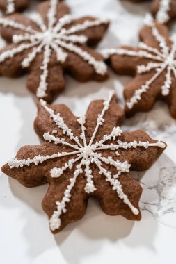 Çikolatalı, zencefilli, kar taneli kurabiyelerin detaylı görüntüsü kraliyet kreması ile süslenmiş, arka planda hafif düzenlenmiş, bayram kutlamaları için mükemmel..