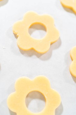 Ortasında yuvarlak bir delik olan bir çiçek kurabiyesinin makro görüntüsü hassasiyeti ve keskin kenarları vurguluyor. Paskalya Kurabiyesi Sandviçi 'nin bir parçası..