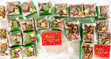 Süslü zencefilli kurabiye ve şenlikli ambalajlı Noel kurabiyesi kutularından oluşan Noel esinlenilmiş bir daire. Parlak kırmızı bir 