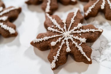 Çikolatalı, zencefilli, kar taneli kurabiyelerin detaylı görüntüsü kraliyet kreması ile süslenmiş, arka planda hafif düzenlenmiş, bayram kutlamaları için mükemmel..