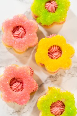 Ahududu kremalı Paskalya Kurabiyesi Sandviçi. Çiçek şeklinde bir şekerli kurabiye pembe ahududu kreması ve köpüklü şekerle kaplıdır. Tam oldu.