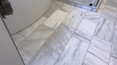 Sahne, mermer döşemeli cam bir duşa bitişik modern serbest banyo küvetini gösteriyor. Lüks ve temiz estetik..