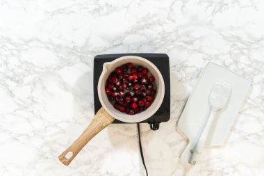 Yaban mersinli krema sosu yapmak için taze yaban mersini kaynatıyorum..