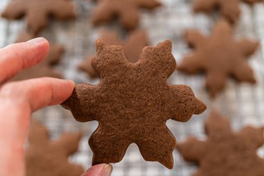Yakın plan çekimde çikolatalı zencefilli, kar tanesi şeklindeki kurabiyeyi dikkatlice tutarken, kurabiyelerin kenarları çıtır çıtır ve zengin dokuları vurgulanıyor..
