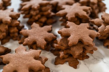 Çikolatalı zencefilli kar taneli kurabiyelerin yan görünüşü parşömen kaplamalı bir yüzeye yığılmış, festival tasarımlarını ve tatil cazibelerini sergiliyor..