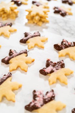 Yeni dekore edilmiş çikolatalı kar taneli kurabiyeler. Fırın tepsisinde soğutuluyor, servis için hazır..